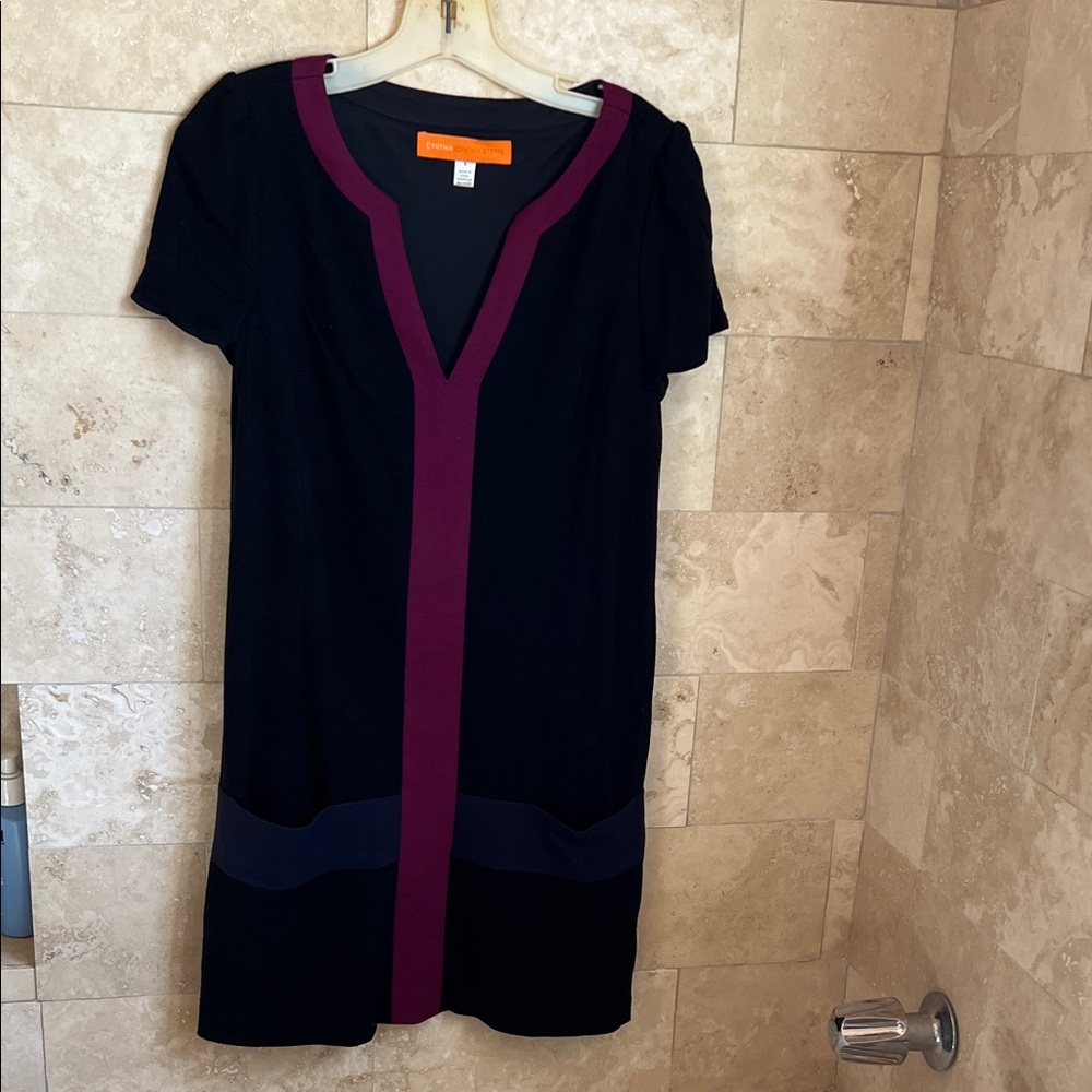 Black Cynthia Steele v- Neck Dress with purple and navy stripes S